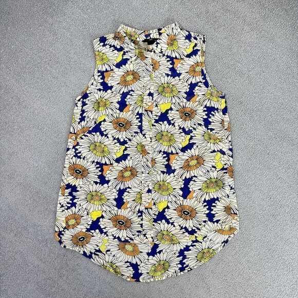 H&M Floral Chiffon Sleeveless Button Front Tunic Shirt Blue Cream Size 6 - Picture 10 of 10